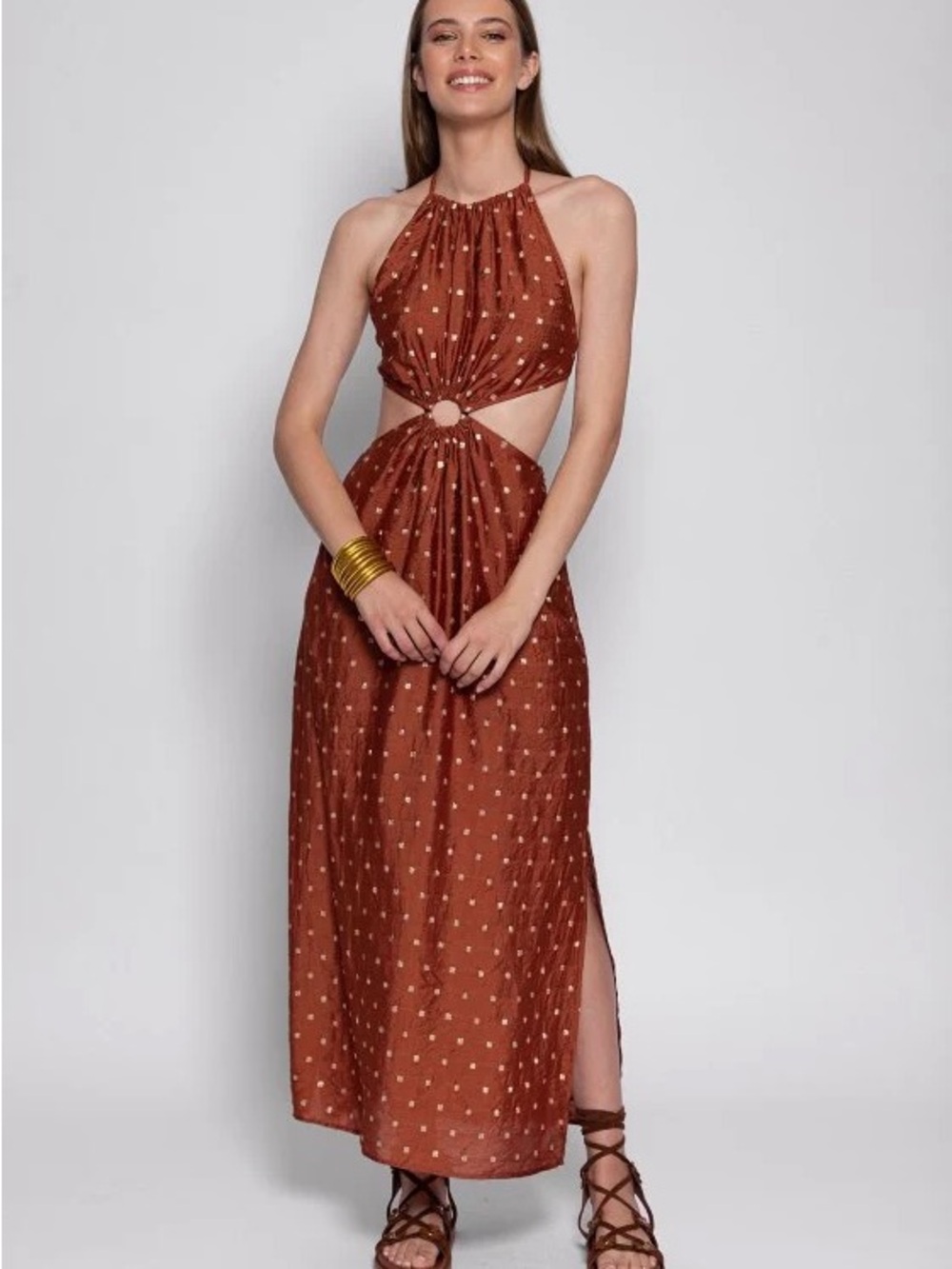 Sundress Rust Gold Dot Cutout Halter Maxi Dress | Never Worn
